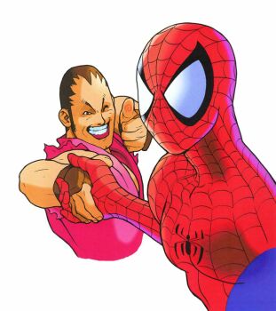 2boys bengus dudes_rock handshake hibiki_dan looking_at_viewer marvel_super_heroes_vs._street_fighter marvel_vs._capcom multiple_boys spider-man superhero_costume thumbs_up white_background