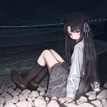 1girl absurdres ahoge awa_subaru beach black_hair black_socks bridge brown_shoes chinese_commentary closed_mouth commentary_request curtained_hair dot_nose expressionless eyebrows_hidden_by_hair full_body girls_band_cry grey_skirt hair_ribbon hands_on_ground head_tilt highres jitome kneehighs loafers long_hair long_sleeves looking_at_viewer medium_eyebrows mole naruto_maki_(naruto05) night ocean on_rocks outdoors parted_bangs pinstripe_socks pleated_skirt purple_eyes ribbon rock school shirt shirt_tucked_in shoes sidelocks sitting skirt socks solo translucent_hair white_ribbon white_shirt