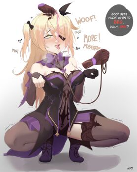 1girl absurdres aether_(genshin_impact) bare_shoulders barking bat_ornament bdsm black_footwear black_ribbon blonde_hair blush bodystocking boots bow bowtie breasts brown_sleeves collar dress drugs english_text eroborne eyepatch fischl_(genshin_impact) fishnet_bodystocking fishnets garter_straps genshin_impact gloves green_eyes hair_over_one_eye hair_ribbon high_heels highres hypnosis leash leotard long_hair medium_breasts mind_control open_mouth pet_play purple_bow purple_bowtie purple_ribbon ribbon simple_background single_leg_pantyhose single_sleeve single_thighhigh slave smile squatting tailcoat thighhighs two_side_up