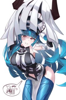 1girl arknights arknights:_endfield bare_shoulders blue_hair blue_thighhighs breasts bright_pupils brown_eyes brown_horns covered_navel cowboy_shot disguise hashtag-only_commentary highres holding horns jambaeng large_breasts last_rite_(arknights) long_hair navel open_mouth sarkaz_wither_devourer simple_background smile solo speech_bubble thighhighs thought_bubble white_background white_pupils