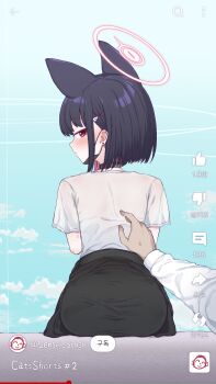 1girl animal_ears ass black_choker black_hair blue_archive cat_ears choker clothes_around_waist colored_inner_hair doodle_sensei_(blue_archive) earrings from_behind halo highres jacket jacket_around_waist jewelry kazusa_(band)_(blue_archive) kazusa_(blue_archive) lee_mae_hyang long_sleeves looking_at_viewer looking_back multicolored_hair pink_hair pink_halo red_eyes sensei_(blue_archive) shirt short_hair short_sleeves sitting solo solo_focus stud_earrings t-shirt user_interface white_shirt youtube_shorts