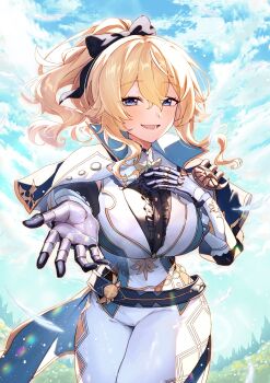 1girl alternate_breast_size_(larger) black_gloves black_shirt blonde_hair blue_eyes breasts capelet center_frills cloud commentary_request cowboy_shot day frills genshin_impact gloves gnu36 hand_on_own_chest highres jean_(genshin_impact) jean_(gunnhildr&#039;s_legacy)_(genshin_impact) large_breasts looking_at_viewer open_mouth outdoors pants ponytail reaching reaching_towards_viewer shirt solo tight_clothes tight_pants vest white_pants white_vest