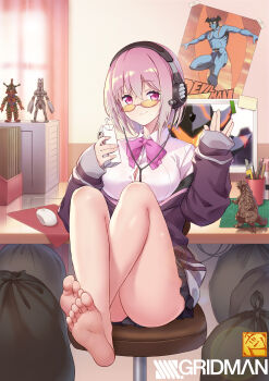 1girl absurdres alexis_kerib barefoot bow bowtie boxcutter breasts chair cleavage closed_mouth collared_shirt commentary_request computer computer_tower desk drink drink_carton drinking_straw feet figure gridman_universe headphones heiz highres holding holding_drink indoors jacket juice_box knees_up large_breasts long_sleeves looking_at_viewer medium_breasts milk_carton monitor on_chair paintbrush poster_(object) purple_bow purple_bowtie purple_jacket school_uniform shinjou_akane shirt sitting smile soles solo ssss.gridman sunglasses trash_bag ultra_series ultraman_ace_(series) white_shirt