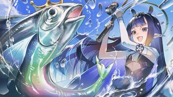 1girl :d absurdres bird black_dress blue_sky blunt_bangs bubble cloak clothing_cutout cloud commentary crow cutout_above_navel day detached_sleeves diamond_hairband dress enigmatic_recollection fang fangs fish fishing fishing_rod flat_chest floating_hair gradient_hair halo highres holding holding_fishing_rod hololive hololive_english insfidelie lens_flare long_hair long_pointy_ears multicolored_hair ninomae_ina'nis ninomae_ina'nis_(1st_costume) open_mouth orange_hair outdoors pointy_ears purple_eyes purple_hair sidelocks single_detached_sleeve sky smile solo straight_hair strapless strapless_dress tearing_up tentacle_hair traditional_halo tube_dress upper_body very_long_hair virtual_youtuber water white_cloak white_sleeves yellow_halo