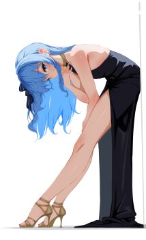 1girl alternate_costume bent_over black_dress blue_bow blue_eyes blue_hair blue_nails bow commentary dress from_side full_body gold_shoes hair_bow halter_dress halterneck high_heels highres hololive hoshimachi_suisei long_hair looking_at_viewer nail_polish open-toe_shoes sansha_art shoes side_slit sidelocks simple_background sleeveless sleeveless_dress solo star_(symbol) star_in_eye symbol_in_eye toenail_polish toenails virtual_youtuber white_background