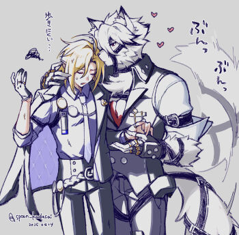 2boys afterimage animal_ear_fluff animal_ears arm_belt artist_name belt black_belt black_choker black_gloves black_hair black_jacket black_pants blonde_hair blush body_fur bracelet buttons choker closed_eyes closed_mouth collared_shirt commentary_request cowboy_shot dated double-breasted fingerless_gloves furry furry_male gloves grey_background grey_pants grey_vest hair_between_eyes heart highres hugo_vlad jacket jacket_partially_removed jewelry lapels long_hair looking_at_another low_ponytail male_focus mole mole_under_eye motion_lines multicolored_hair multiple_boys multiple_rings muzzle_(mask) necktie open_clothes open_jacket open_mouth pants parted_bangs pointy_ears ponytail purple_shirt red_eyes ring shirt short_hair short_sleeves sidelocks simple_background squiggle standing streaked_hair sweatdrop tail tail_belt tail_wagging three-quarter_sleeves thumb_ring translation_request twitter_username vest von_lycaon washidake white_fur white_hair white_necktie white_shirt wing_collar wolf_boy wolf_ears wolf_tail yaoi zenless_zone_zero