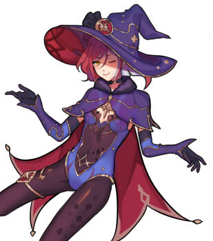 1girl black_choker black_gloves blue_leotard capelet choker commentary cosplay elbow_gloves english_commentary ensemble_stars! flat_chest fur_trim genderswap genderswap_(mtf) genshin_impact gloves hat jewelry leotard looking_at_viewer lummy_yummy medium_hair mona_(genshin_impact) mona_(genshin_impact)_(cosplay) multicolored_hair one_eye_closed pantyhose purple_capelet red_hair sakasaki_natsume simple_background smile solo streaked_hair thighlet white_background white_streaks witch_hat yellow_eyes