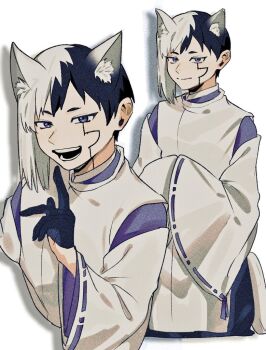 Rule 34 | 0a 9 (pixiv82791714), 1boy, animal ear fluff, animal ears, asagiri gen, asymmetrical hair, black gloves, black hair, blue eyes, cat ears, closed mouth, cowboy shot, cropped torso, dr. stone, drop shadow, extra ears, facial mark, fox boy, fox ears, fox tail, gloves, half gloves, hand up, hands in opposite sleeves, index finger raised, japanese clothes, kariginu, kemonomimi mode, long sleeves, looking at viewer, male focus, multicolored hair, multiple views, open mouth, ribbon-trimmed sleeves, ribbon trim, shadow, short hair, simple background, sleeves past fingers, sleeves past wrists, smile, split-color hair, tail, two-tone hair, upper body, white background, white hair, wide sleeves