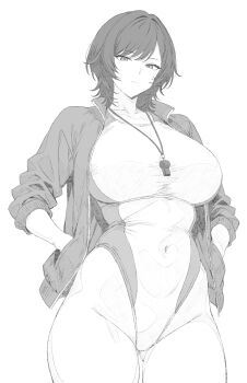 1girl commentary_request competition_swimsuit cowboy_shot flipped_hair gluteal_fold greyscale hands_on_own_hips highleg highleg_one-piece_swimsuit jacket lifeguard monochrome one-piece_swimsuit open_clothes open_jacket original ranhatu short_hair solo standing swimsuit whistle whistle_around_neck