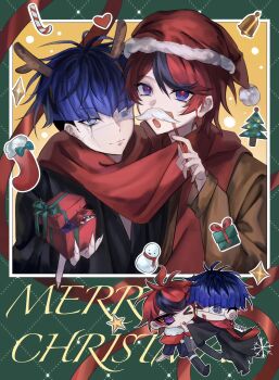 Rule 34 | > o, 2boys, :o, ahoge, alternate costume, antlers, bell, black hair, black haori, black kimono, black pants, black streaks, blue eyes, blue hair, box, bright pupils, brown jacket, candy, candy cane, chibi, christmas, christmas stocking, christmas tree, commentary, earrings, english commentary, eye print, eyepatch, face piercing, fake antlers, fake facial hair, fake mustache, food, fur-trimmed headwear, fur trim, gift, grey jacket, hakama, hakama pants, hand up, haori, hat, heart, highres, holding, holding gift, horns, in box, in container, jacket, japanese clothes, jewelry, kimono, male focus, merry christmas, multicolored hair, multiple boys, multiple views, nellie (liyuezhong1018), omokage yugamu, one eye closed, open mouth, pants, peeking out, piercing, print eyepatch, red hair, red hat, red ribbon, red scarf, reindeer antlers, ribbon, ringed eyes, santa hat, scarf, shared clothes, shared scarf, short hair, snowflakes, snowman, star (symbol), streaked hair, sumino takumi, the hundred line -last defense academy-, two-tone hair, white pupils