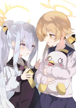 Rule 34 | 2girls, absurdres, azusa (blue archive), blonde hair, blue archive, blue skirt, doll, hair between eyes, hair ribbon, halo, hifumi (blue archive), highres, light brown hair, long hair, multiple girls, muu, peroro (blue archive), ponytail, ribbon, school uniform, silver hair, simple background, skirt, white background