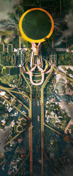 absurdres boat building city commentary day english_commentary felixriano from_above highres lake no_humans original outdoors plant railroad_tracks scenery science_fiction solarpunk tower train watercraft