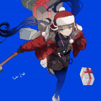 1boy androgynous backpack bag belt black_gloves black_pantyhose black_shirt blonde_hair blue_background blue_eyes blue_hair blunt_bangs blush boots bow box braid brown_belt brown_shorts buttons captain_nemo_(fate) captain_nemo_(santa)_(fate) collared_shirt fate/grand_order fate_(series) floating_hair fur-trimmed_boots fur-trimmed_jacket fur_trim gift gift_box gloves gradient_hair grey_bag hat highres holding jacket long_hair long_sleeves male_focus multicolored_hair nemo_(fate) no-kan official_alternate_costume open_clothes open_jacket open_mouth pantyhose pom_pom_(clothes) puffy_long_sleeves puffy_sleeves red_bow red_hat red_jacket shirt shorts simple_background solo standing standing_on_one_leg twin_braids unfinished white_boots