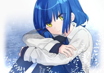 1girl blue_hair blue_theme blunt_bangs bocchi_the_rock! closed_mouth highres hugging_own_legs knees_to_chest knees_up long_sleeves looking_at_viewer mewly short_hair sitting solo yamada_ryo yellow_eyes
