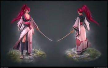 1girl 3d amputee arc_system_works baiken blair_armitage breasts cleavage facial_tattoo full_body guilty_gear hair_over_one_eye highres japanese_clothes katana looking_at_viewer multiple_views parted_lips pink_hair realistic sash scabbard sheath sword tattoo weapon