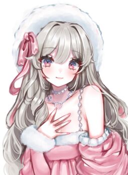 1girl arm_at_side armpit_crease artist_name blonde_hair blue_eyes blush breasts cleavage closed_mouth commentary double-parted_bangs drill_hair drill_sidelocks english_commentary hair_intakes hand_on_own_chest hand_up hat hat_ribbon heart heart_necklace highres jacket jacket_partially_removed jewelry loltinami long_hair long_sleeves looking_at_viewer multicolored_eyes necklace original pink_eyes pink_jacket pink_ribbon pink_shirt ribbon shirt sidelocks simple_background sleeveless sleeveless_shirt solo two-tone_eyes upper_body watermark white_background white_hat