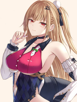 Rule 34 | 1girl, bare shoulders, black leotard, blonde hair, blush, breasts, brown background, cissia (zenless zone zero), cleavage, closed mouth, collarbone, commentary request, detached sleeves, fingernails, hair between eyes, hair ornament, hairclip, highres, kanpyou (hghgkenfany), large breasts, leotard, long hair, looking at viewer, purple nails, red eyes, shock collar, simple background, smile, snake, snake tail, solo, tail, underboob, upper body, white snake, zenless zone zero