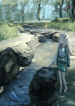 Rule 34 | 1girl, absurdres, backlighting, closed mouth, colored eyelashes, commentary request, dappled sunlight, expressionless, flipped hair, gakuen idolmaster, green jacket, green shorts, grey hair, hair ornament, hairclip, highres, idolmaster, jacket, k6tetsu, long hair, long sleeves, looking at viewer, multicolored jacket, nature, orange eyes, outdoors, parallel hairclips, rock, scenery, shade, shinosawa hiro, shoes, shorts, socks, solo, standing, stream, striped clothes, striped jacket, striped shorts, sunlight, track jacket, track suit, tree, white jacket, white shoes, white socks, wide shot