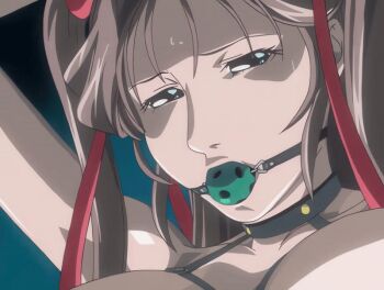 00s 1girl 2006 animated animated_gif anime_screenshot ball_gag bdsm bible_black bible_black_new_testament bondage bound breasts brown_hair cloak female_focus forced gag gagged hair_ribbon harness indoors large_breasts long_hair looking_down nipples one-piece_tan ribbon saliva shin_bible_black shiny_skin slave solo suspension tagme tan tanline topless_female toudou_yuki twintails