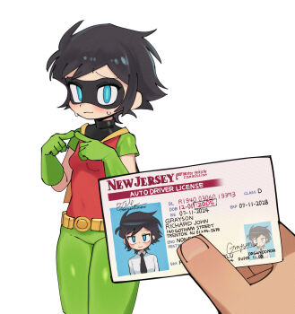 1girl batman_(series) batrobin_k belt black_hair black_mask blue_eyes blush breasts cape dc_comics dick_grayson domino_mask driving_license eye_mask gloves green_gloves highres id_card id_photo mask necktie robin_(batrobin_k) robin_(dc) short_hair simple_background small_breasts spandex superhero_costume sweat utility_belt white_background