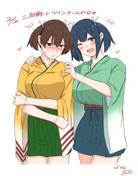 2girls absurdres alternate_hairstyle black_hair blue_eyes blue_hair blush breasts brown_eyes brown_hair commentary_request cowboy_shot dated green_hakama hair_ribbon hakama hakama_short_skirt hakama_skirt highres hiryuu_(kancolle) japanese_clothes kantai_collection kimono large_breasts long_hair looking_at_viewer multiple_girls open_mouth orange_kimono ribbon short_hair skirt smile souryuu_(kancolle) twintails twintails_day watashitachino_kareshi white_background yellow_kimono