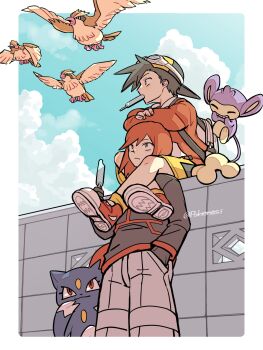 Rule 34 | 2boys, aipom, artist name, backpack, backwards hat, bag, bird, black jacket, blue sky, border, closed mouth, cloud, day, ethan (pokemon), flying, food, food in mouth, gen 1 pokemon, gen 2 pokemon, giggling, goggles, goggles on headwear, grey eyes, grey hair, grey pants, grin, hat, highres, holding, holding food, holding popsicle, jacket, leg lock, multicolored shoes, multiple boys, nintendo, outdoors, pants, pidgey, pokemon, pokemon (creature), pokemon adventures, pokenasi, popsicle, popsicle in mouth, red eyes, red hair, red jacket, short hair, shorts, silver (pokemon), sky, smile, sneasel, two-tone hat, white border, yellow eyes, yellow hat, yellow shorts