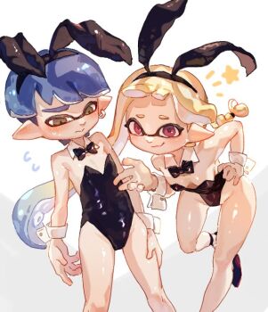 Rule 34 | 1boy, 1girl, animal ear hairband, animal ears, black bow, black bowtie, black hairband, black leotard, blonde hair, blue hair, blush, bow, bowtie, braid, breasts, closed mouth, colored tips, commentary request, crossdressing, crossdressing (mtf), detached collar, earrings, embarrassed, fake animal ears, flying sweatdrops, groin, hairband, hand on own hip, highleg, highleg leotard, inkling, inkling boy, inkling girl, inkling player character, jewelry, leaning forward, leotard, long hair, looking at viewer, lu 3sea, male playboy bunny, multicolored hair, nintendo, pointy ears, rabbit ear hairband, rabbit ears, red eyes, short hair, simple background, single braid, single earring, small breasts, smile, splatoon (series), splatoon 3, standing, standing on one leg, strapless, strapless leotard, tentacle hair, two-tone hair, undercut, white background