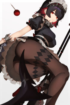 1girl absurdres angry apron ass black_dress black_hair black_panties black_pantyhose blurry blurry_foreground breasts candy chest_hair_peek collar colored_inner_hair commentary depth_of_field dress earclip ellen_joe feet_out_of_frame fins fish_tail food frilled_wrist_cuffs frills gradient_background grey_background hair_ornament hairband hairclip highres holding holding_weapon lollipop maid maid_headdress medium_breasts metal_collar metal_hairband metal_wrist_cuffs mole mole_under_eye multicolored_hair paid_reward_available panties panties_under_pantyhose pantyhose petticoat pokyo puffy_short_sleeves puffy_sleeves red_eyes red_hair scar scar_on_tail shark_tail short_dress short_hair short_sleeves simple_background solo spiked_collar spiked_hairband spikes tail tail_censor thighband_pantyhose tight_clothes twisted_torso underbust underwear upskirt waist_apron weapon white_apron wrist_cuffs zenless_zone_zero