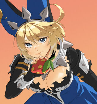 Rule 34 | 1girl, ahoge, alternate color, animal ears, blonde hair, blue dress, blue eyes, breasts, cleavage, cleavage cutout, clothing cutout, collar, dress, elphelt valentine, explosive, fake animal ears, fingerless gloves, food, fruit, gloves, grenade, guilty gear, guilty gear xrd, hairband, highres, holding, holding grenade, holding weapon, irene koh, large breasts, looking at viewer, orange background, rabbit ears, short hair, shoulder spikes, signature, simple background, smile, solo, spiked collar, spiked hairband, spikes, strawberry, weapon