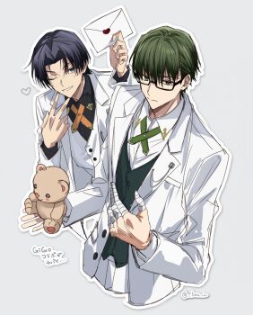 2boys arm_up bandaged_fingers bandages bau_u black-framed_eyewear black_hair black_shirt black_vest closed_mouth collared_shirt commentary_request cropped_legs green_eyes green_hair grey_background holding holding_letter holding_stuffed_toy jacket kuroko_no_basuke letter long_sleeves looking_at_viewer male_focus midorima_shintarou multiple_boys one_eye_closed parted_hair rectangular_eyewear shirt simple_background smile stuffed_animal stuffed_toy suit_jacket takao_kazunari vest white_jacket white_shirt wing_collar