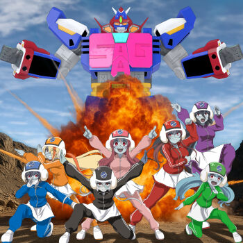 6+girls bandaged_hand bandaged_head bandages black_hair black_helmet black_jacket black_pants blonde_hair blue_hair blue_helmet blue_jacket blue_pants blush breasts brown_hair canyon cloud colored_skin explosion eyes_visible_through_hair face_mask fangs fighting_stance flower green_hair green_helmet green_jacket green_pants grey_hair grey_skin grin group_picture group_pose hair_flower hair_ornament hair_over_one_eye helmet highres hoshikawa_lily index_finger_raised jacket kamen_rider kamen_rider_(1st_series) kamen_rider_2 konno_junko large_breasts long_hair long_sleeves looking_at_viewer looking_to_the_side low_ponytail low_twintails mask mecha medium_breasts minamoto_sakura mizuno_ai mouth_mask multicolored_hair multiple_girls nikaidou_saki on_one_knee open_mouth orange_helmet orange_jacket orange_pants pants pink_helmet pink_jacket pink_pants ponytail purple_helmet purple_jacket purple_pants red_eyes red_hair red_helmet red_jacket red_pants robot rock saga_the_great_7 scar scar_on_face scar_on_forehead scar_on_neck shoes short_hair skirt sky small_breasts smile socks standing stitched_face stitches streaked_hair super_robot superhero_costume t_jiroo_(ringofriend) teeth track_jacket track_pants track_suit twintails uwabaki white_shoes white_skirt white_socks yamada_tae yellow_flower yuugiri_(zombie_land_saga) zombie zombie_land_saga