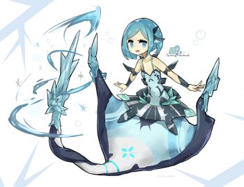 1girl :o absurdres arm_fins bare_shoulders blue_eyes blush character_name color_guide commentary_request covered_navel cryokinesis english_text fins flat_chest head_fins highres ice ice_crystal icicle kneeless_mermaid logo long_sidelocks looking_at_viewer magic manta_ray manta_ray_girl medium_hair mermaid monster_girl original parted_bangs shitoi_(aqua1487) sidelocks simple_background skirt solo spaghetti_strap tail translation_request wavy_mouth white_background wrist_guards