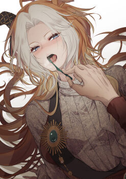 1girl animal_ears blue_eyes blush breasts brown_hair brown_shirt brushing_another&#039;s_teeth commentary_request ear_covers highres holding holding_toothbrush horse_ears long_hair medium_breasts multicolored_hair open_mouth orfevre_(casual)_(umamusume) orfevre_(umamusume) shirt single_ear_cover solo_focus streaked_hair tongue tongue_out toothbrush umamusume upper_body yue_(lov_n_n)