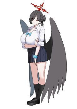 1girl absurdres asuna_(blue_archive) asuna_(blue_archive)_(cosplay) asuna_(school_uniform)_(blue_archive) black_hair black_shoes black_socks black_wings blue_archive blue_bow blue_bowtie blue_skirt bow bowtie breasts button_gap cleavage collarbone cosplay full_body hair_between_eyes hair_bun halo hasumi_(blue_archive) highres huge_breasts long_hair long_hair_between_eyes looking_at_viewer low_wings pleated_skirt red_eyes red_halo scrunchie shirt shoes side_ponytail single_side_bun skirt socks solo thighs tnr_(horiko1525) very_long_hair white_background white_shirt wings wrist_scrunchie