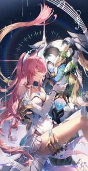 Rule 34 | 1girl, absurdres, aemeath (wuthering waves), ayamekiki, breasts, carrying, cleavage, closed eyes, commentary, covered navel, crying, elbow gloves, exostrider (wuthering waves), gloves, highres, large breasts, lens flare, leotard, long hair, mecha, musical note, musical staff, parted lips, pink hair, princess carry, robot, showgirl skirt, skirt, strapless, strapless leotard, symbol-only commentary, tacet mark (wuthering waves), tears, treble clef, very long hair, white gloves, white leotard, white skirt, wuthering waves