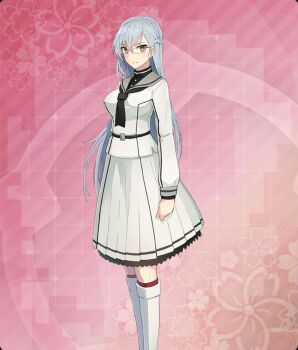 1girl ayanokouji_martial_arts_school_uniform belt black_belt black_neckerchief blue_hair boots braid breasts closed_mouth commentary_request floral_background game_cg glasses grey_sailor_collar half_up_braid highres kitora_mirja large_breasts long_hair long_sleeves looking_at_viewer neckerchief official_art pink_background purple-framed_eyewear red_thighhighs resized sailor_collar school_uniform serafuku shirt skirt smile solo thigh_boots thighhighs third-party_source toji_no_miko toji_no_miko:_kizamishi_issen_no_tomoshibi upscaled variant_set white_boots white_serafuku white_shirt white_skirt yellow_eyes zettai_ryouiki