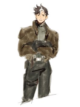 1boy absurdres batman_(series) black_gloves black_hair blue_eyes bodysuit brown_jacket dc_comics full_body gloves grey_bodysuit highres jacket jason_todd male_focus mmariesr multicolored_bodysuit multicolored_hair muscular muscular_male open_clothes pants red_hood_(dc) short_hair sketch solo superhero_costume taut_bodysuit two-tone_bodysuit white_background