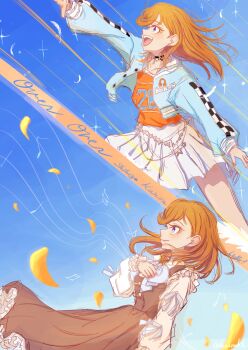 Rule 34 | 1girl, absurdres, black choker, blue background, blue bow, blue jacket, bow, brown dress, choker, clothes writing, collarbone, commentary request, dress, frilled dress, frills, highres, jacket, liella! solo outfit design vote, long hair, long sleeves, love live!, love live! superstar!!, miniskirt, multiple views, musical staff, open clothes, open jacket, orange hair, orange shirt, outstretched arm, over over (love live!), pinafore dress, pleated skirt, profile, purple eyes, seiha (hnumkt), shibuya kanon, shirt, skirt, sleeveless, sleeveless dress, white shirt, white skirt