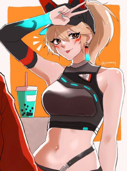 1girl animal_ears artist_name bare_shoulders baseball_cap blonde_hair blue_nails blush breasts brown_eyes bubble_tea crop_top detached_sleeves earrings facial_mark fox_ears hat jewelry kiriko_(overwatch) looking_at_viewer midriff navel official_alternate_costume overwatch pannaaq pants ponytail single_earring streetwear_kiriko tongue tongue_out v