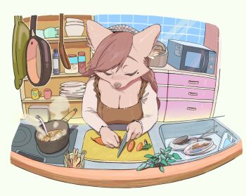 1girl 2025 animal_ear_fluff animal_ears blush bowl braid braided_ponytail breasts brown_fur brown_hair carrot cleavage closed_eyes cooking cooking_pot cup cutlery cutting_board dirty_dishes dishes drawer food frying_pan furry furry_female highres holding holding_food kitchen_knife knife large_breasts long_hair long_sleeves looking_down microwave mug original plant plate sink snout solo standing steam stove tiles tools vegetable wolf wolf_ears wolf_girl yuve2625