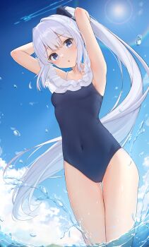 Rule 34 | 1girl, absurdres, aqua halo, armpits, arms up, blue archive, blue one-piece swimsuit, blush, breasts, collarbone, commentary request, covered navel, day, frilled one-piece swimsuit, frills, hair between eyes, hair ornament, halo, highres, long hair, looking at viewer, medium breasts, minmi (minmiism), miyako (blue archive), miyako (swimsuit) (blue archive), navel, ocean, official alternate costume, official alternate hairstyle, one-piece swimsuit, outdoors, ponytail, purple eyes, scenery, school swimsuit, small breasts, solo, swimsuit, very long hair, white hair
