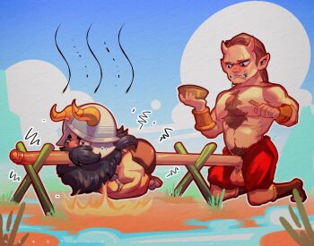 2boys anatomical_nonsense bara beard boar_boy body_fur brown_hair campfire deformed drooling dungeon_meshi dwarf facial_hair fake_horns fire firewood helmet highres horned_helmet horns interspecies long_beard male_focus monster_boy multiple_boys muscular muscular_male mustache nekotine_art orc pointy_ears roasting senshi_(dungeon_meshi) steam thick_mustache tusks very_long_beard x_x yaoi zon_(dungeon_meshi)