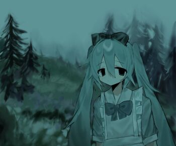 1girl alternate_costume apron aqua_hair black_bow bow bowtie closed_mouth commentary fog frilled_apron frills hair_between_eyes hair_bow hatsune_miku highres long_hair looking_at_viewer maid_apron outdoors pine_tree short_sleeves solo tree twintails vocaloid white_apron yatsu_(dolkz1455y75969)