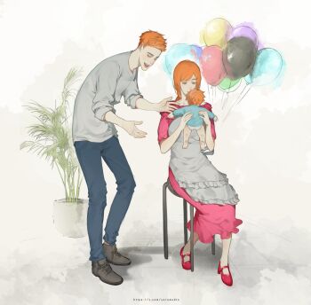 1girl 2boys apron baby balloon bleach blue_pants blue_shirt carrying carrying_baby carrying_person chair couple diaper dress family father_and_son frilled_apron frills full_body grey_shoes hetero highres husband_and_wife inoue_orihime kurosaki_ichigo kurosaki_kazui long_dress long_hair looking_at_another low_ponytail mother_and_son multiple_boys open_mouth orange_hair pants parent_and_child pink_dress plant ponytail potted_plant red_shoes shirt shoes short_hair sitting sleeves_rolled_up smile tile_floor tiles twitter_username white_apron white_shirt yorumudts