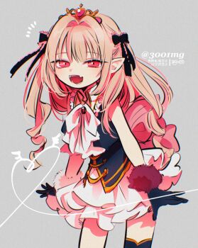 Rule 34 | 1girl, 3001mg, asymmetrical gloves, back ribbon, bare arms, black corset, black gloves, black ribbon, black vest, blunt bangs, blush, bow, bowtie, brooch, collared shirt, colored inner hair, corset, cowboy shot, cropped vest, drill hair, fangs, frilled ribbon, frilled shirt, frilled skirt, frilled sleeves, frills, fur-trimmed gloves, fur trim, gloves, gold trim, grey background, grey hair, hair intakes, hair over shoulder, hair ribbon, heart, idol clothes, jewelry, layered skirt, leaning forward, long hair, looking at viewer, makaino ririmu, miniskirt, mismatched gloves, multicolored hair, nijisanji, nijisanji idol uniform, notice lines, official alternate costume, open clothes, open mouth, open vest, pink fur, pink hair, pink ribbon, pink streaks, pointy ears, red eyes, ribbon, shirt, sidelocks, simple background, skirt, smile, solo, standing, streaked hair, tiara, twitter username, two-tone hair, two side up, vest, virtual youtuber, watermark, white bow, white bowtie, white fur, white shirt, white skirt