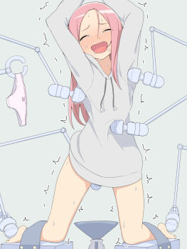 1girl arms_up bad_id bad_pixiv_id barefoot blush female_focus hood hoodie laughing long_hair machine original panties pink_hair pink_panties restrained salpin simple_background solo sweat tears tickle_machine tickling tickling_armpits tickling_feet tickling_pussy tickling_stomach underwear unworn_panties