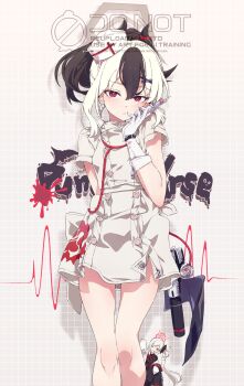 Rule 34 | 2girls, absurdres, alternate costume, arm behind back, black hair, black shirt, blue archive, blush, closed mouth, demon girl, demon horns, demon wings, dress, gloves, grey halo, hair between eyes, halo, hat, highres, holding, holding syringe, holding unworn clothes, horns, kayoko (blue archive), lab coat, long hair, multicolored hair, multiple girls, mutsuki (blue archive), nurse, nurse cap, ogipote, one eye closed, ponytail, red eyes, red halo, shirt, side ponytail, side slit, sidelocks, single wing, smile, syringe, tongue, tongue out, two-tone hair, white dress, white gloves, white hair, white hat, wings