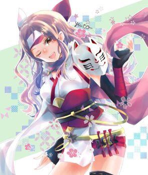 Rule 34 | 1girl, asymmetrical legwear, brown eyes, brown hair, fingerless gloves, fire emblem, fire emblem fates, fire emblem heroes, fox mask, gloves, hana (fire emblem), hana (ninja) (fire emblem), headband, japanese clothes, long hair, looking at viewer, mask, mask on shoulder, mouth mask, ninja, ninja mask, nintendo, official alternate costume, one eye closed, open mouth, shuriken, uneven legwear, weapon, yuyu (spika)