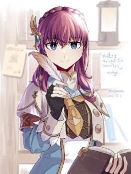 Rule 34 | 1girl, armband, black gloves, blue eyes, blue shirt, book, brown capelet, brown necktie, capelet, closed mouth, commentary request, dated, fingerless gloves, gloves, hair down, hair ornament, highres, holding, holding book, holding quill, jouhou, konohana suzuka, long sleeves, looking at viewer, medium hair, necktie, open book, quill, red armband, red hair, shirt, sleeve cuffs, smile, solo, toji no miko, translation request, twitter username, upper body