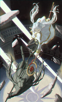 1girl battle black_cat207 cape clone commentary debris doppelganger dress duel earrings elf floating frieren highres holding holding_staff jewelry levitation long_hair mage_staff pointy_ears skirt sousou_no_frieren spiegel_replica staff striped_clothes twintails white_cape white_dress white_hair white_skirt